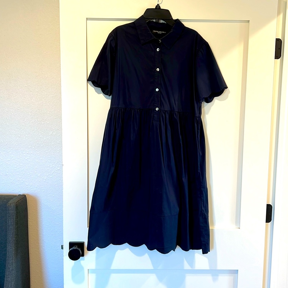 Pietro Brunelli navy maternity shirt dress with scalloped hem